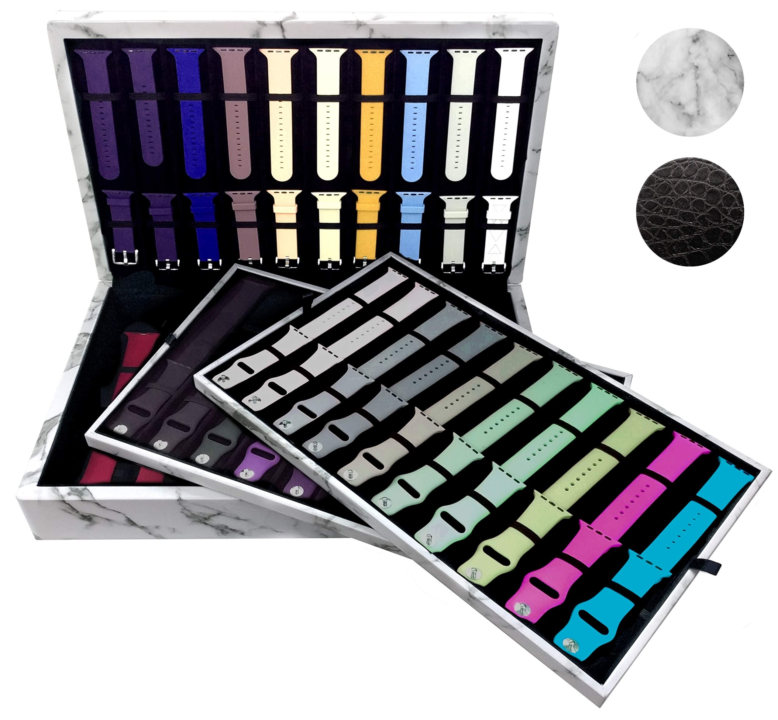 Zero Mass Luxury Storage Case Organizer for Apple Watch Bands (Multi-Tray, Velvet & Leatherette, Stores 40-80 Bands) (White Marble) …