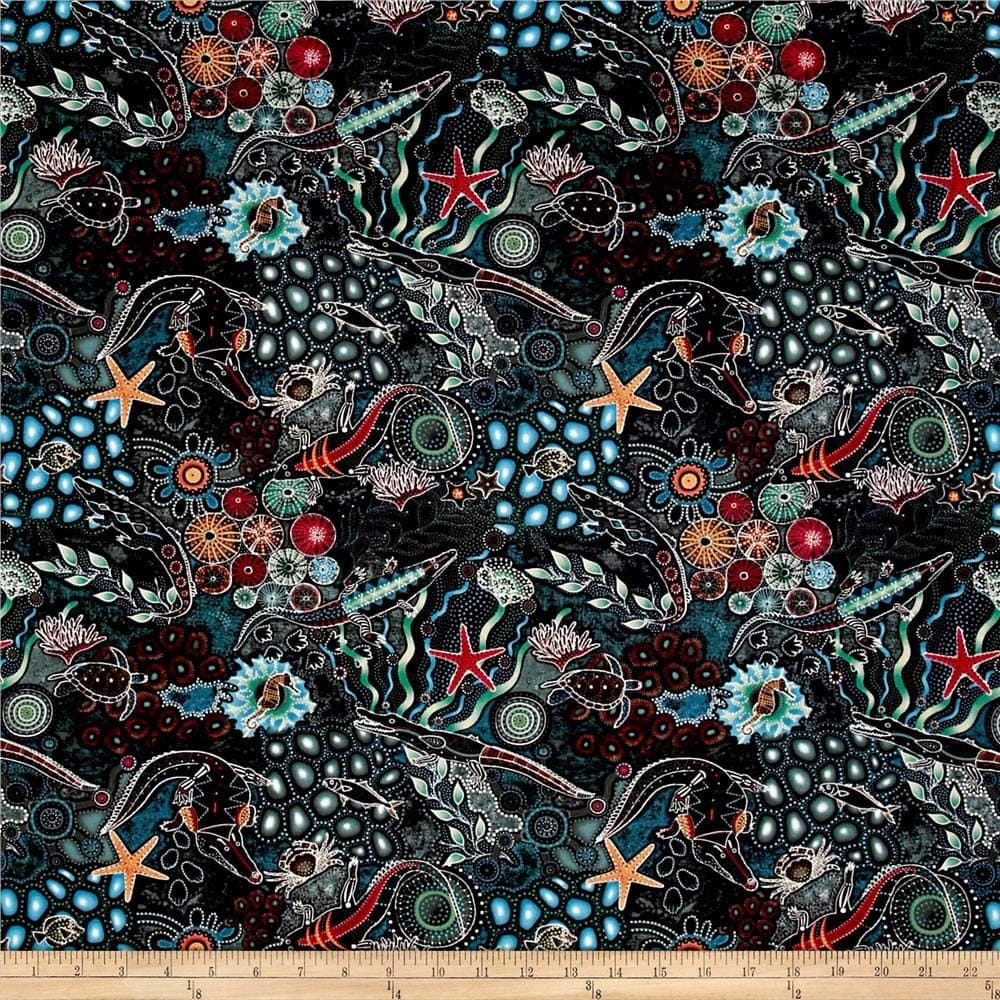 Oasis Fabrics Down Under Aboriginal Tossed Sea Creatures, Green/Multicolor