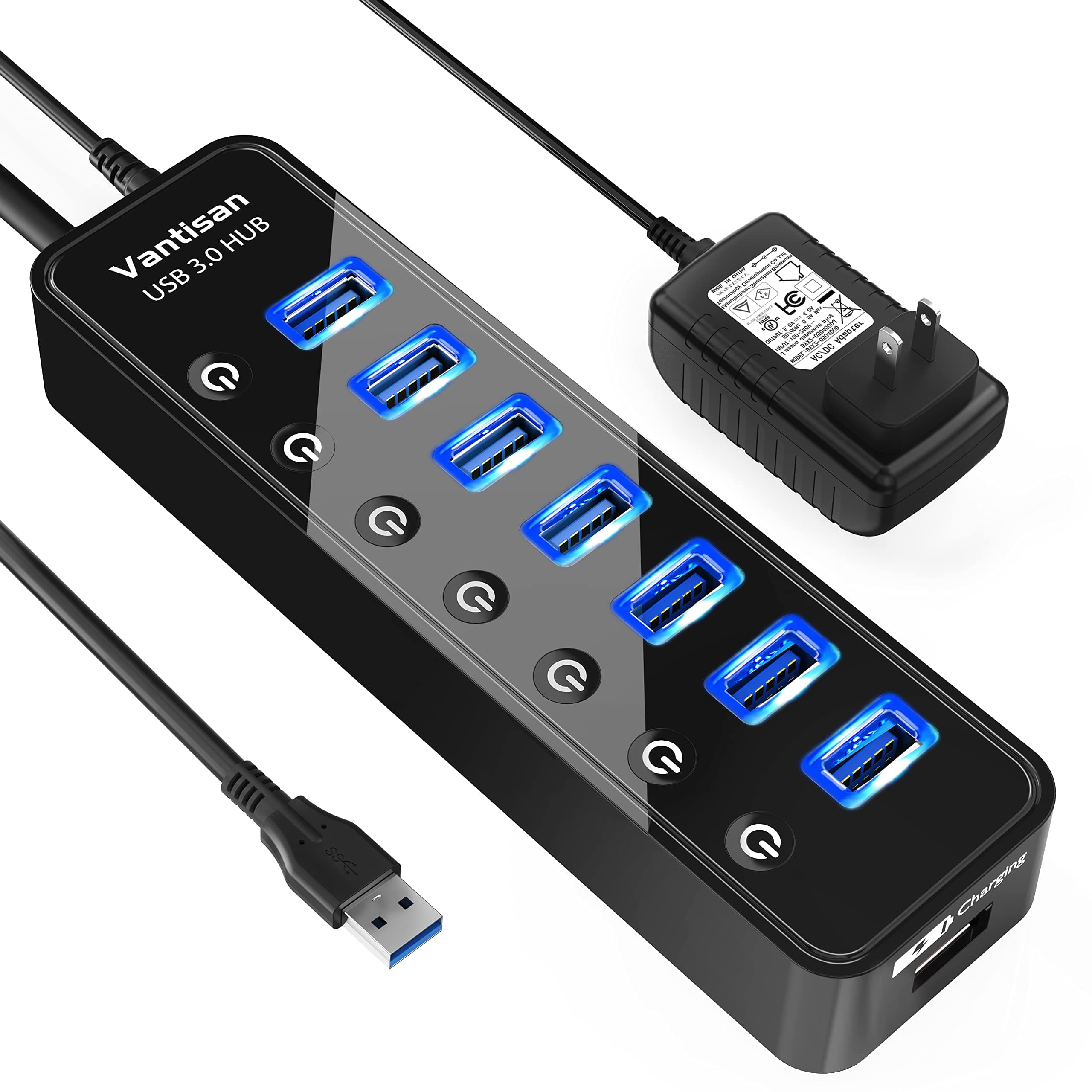 USB Hub 3.0 Powered, 7 Ports USB Data Hub Splitter with One Smart Charging Port and 5V/4A Powered Adapter and ON/Off Switches for MacBook, Mac Pro/Mini, iMac, Surface Pro Laptop/PC