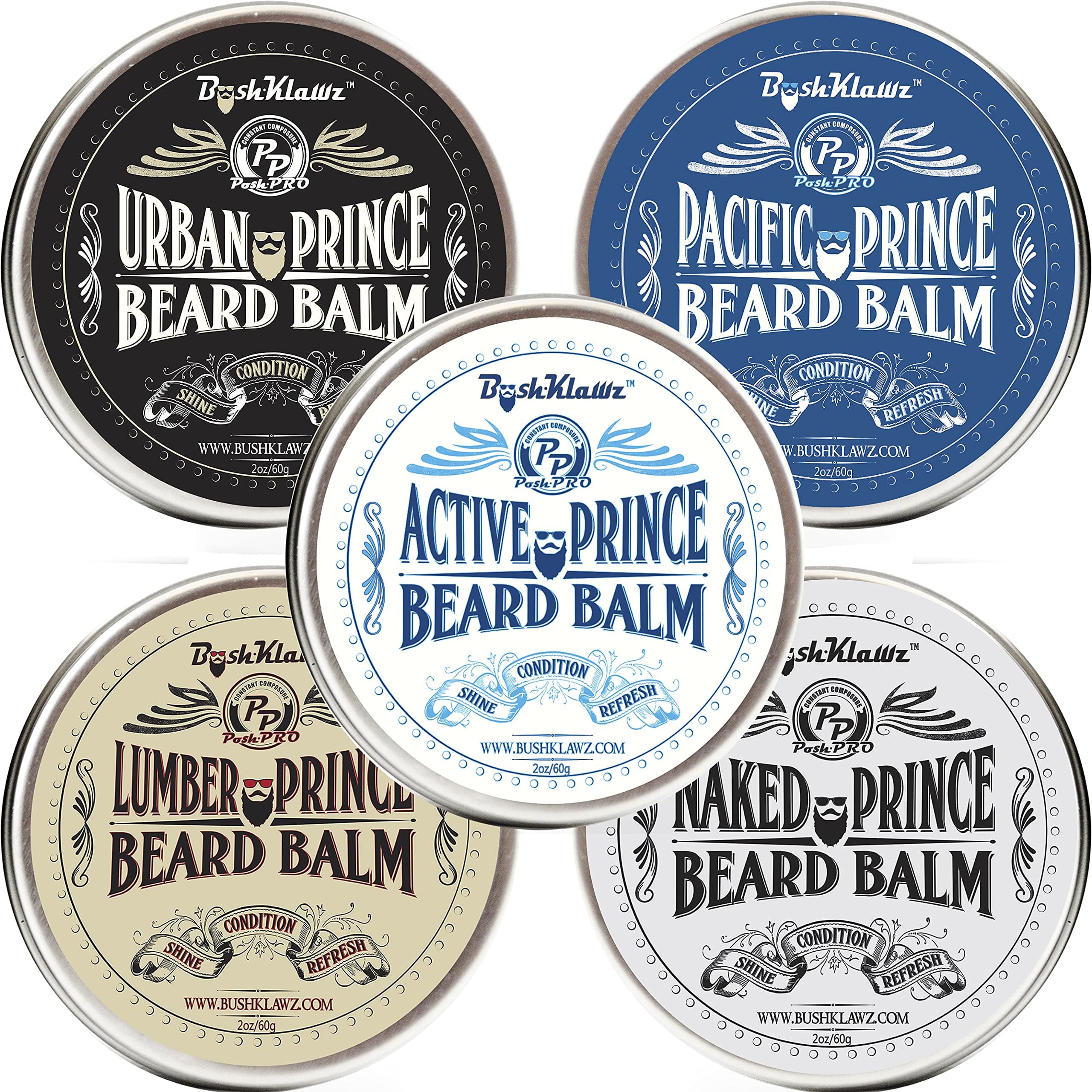Beard Balm and Leave-in Conditioner, 5 Full Size 2.0 oz Balms - Urban, Lumber, Pacific, Naked Prince Fragrance Free, Premium Line, Great Gift for Christmas, Father's Day