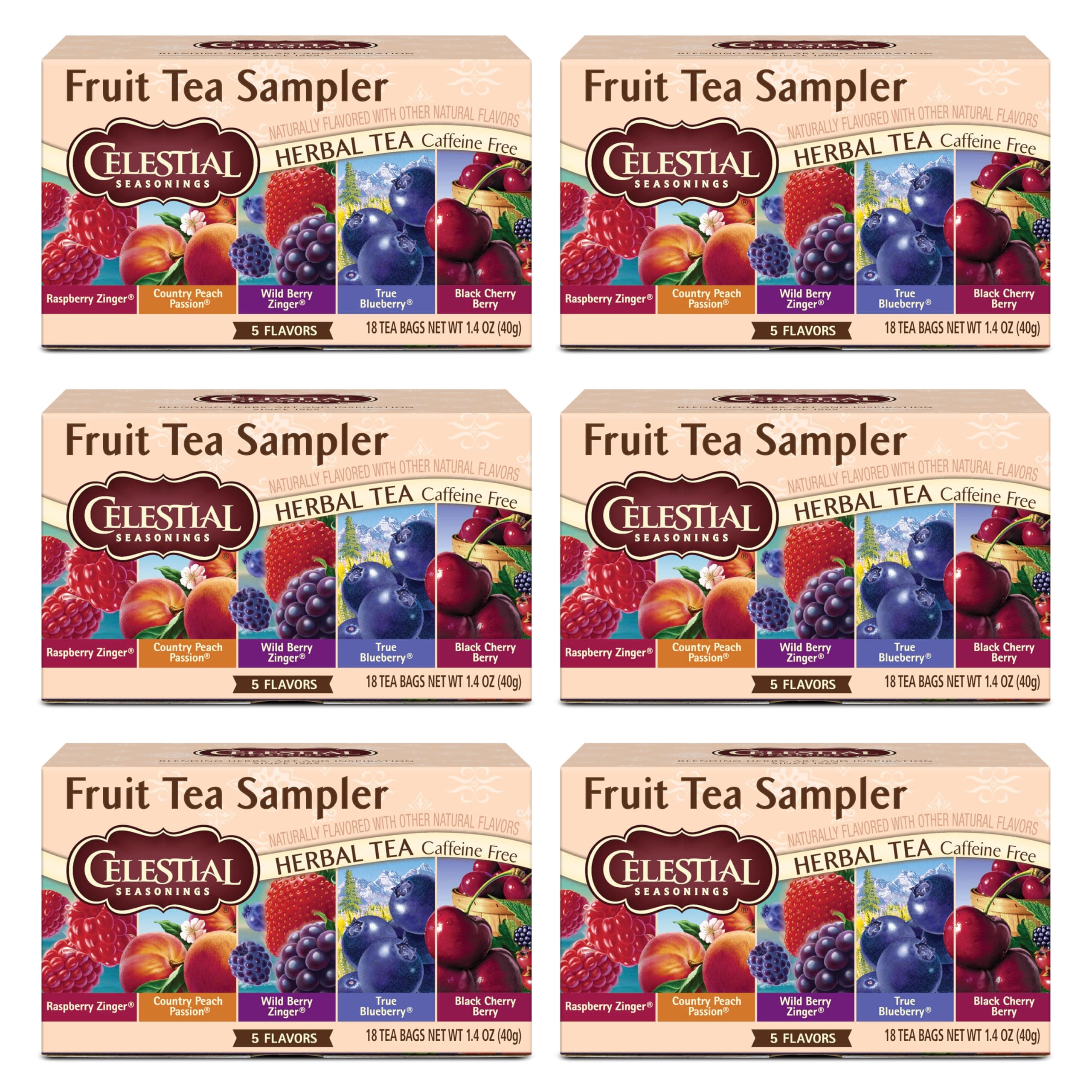 Fruit Tea Sampler Herbal Variety Pack, Caffeine Free, 18 Tea Bags Box, (Pack of 6)