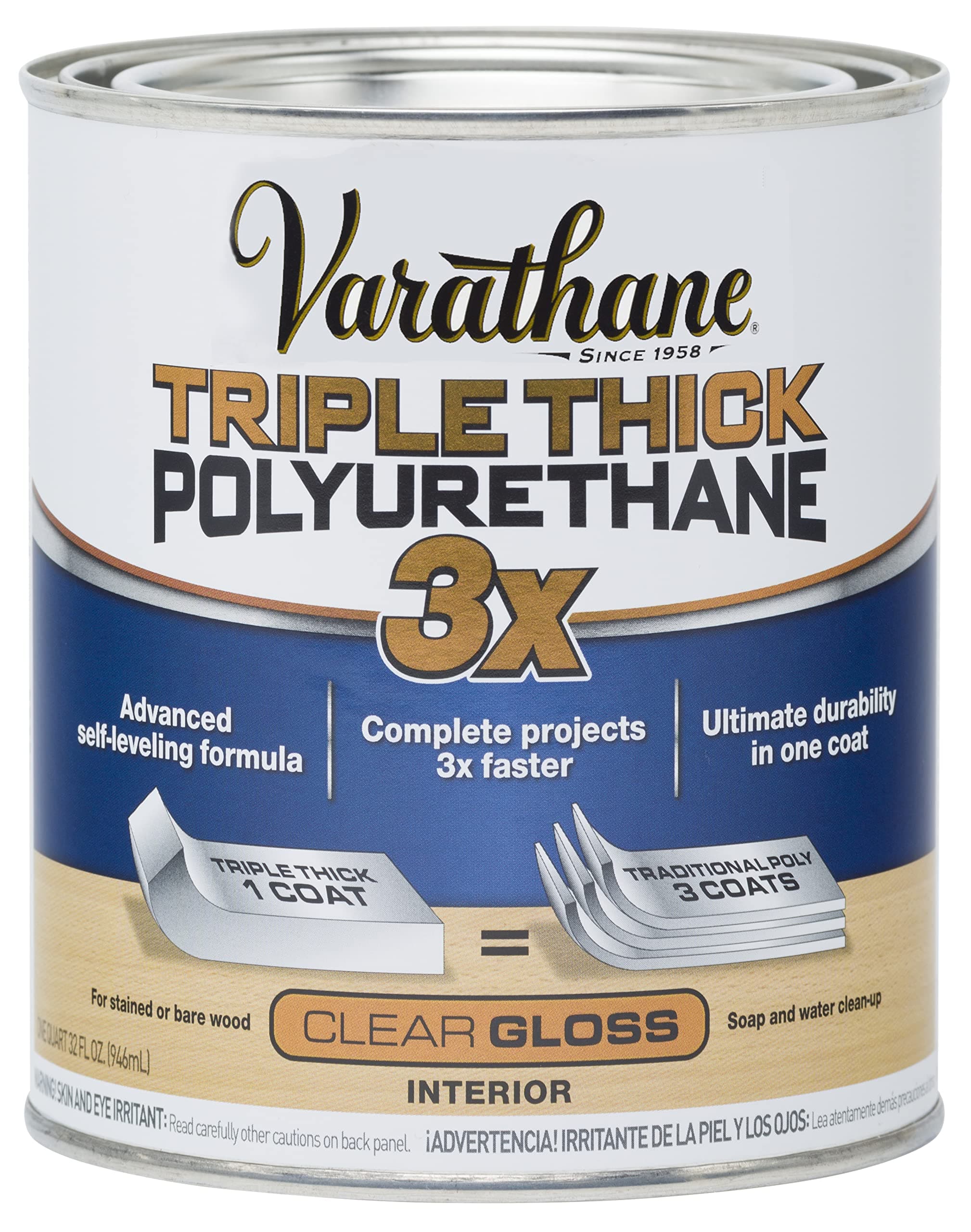 Triple Thick Polyurethane Clear Wood Finish | Self-Leveling Formula | Scratch And Stain Resistance | Durability In One Coat | Gloss | Quart
