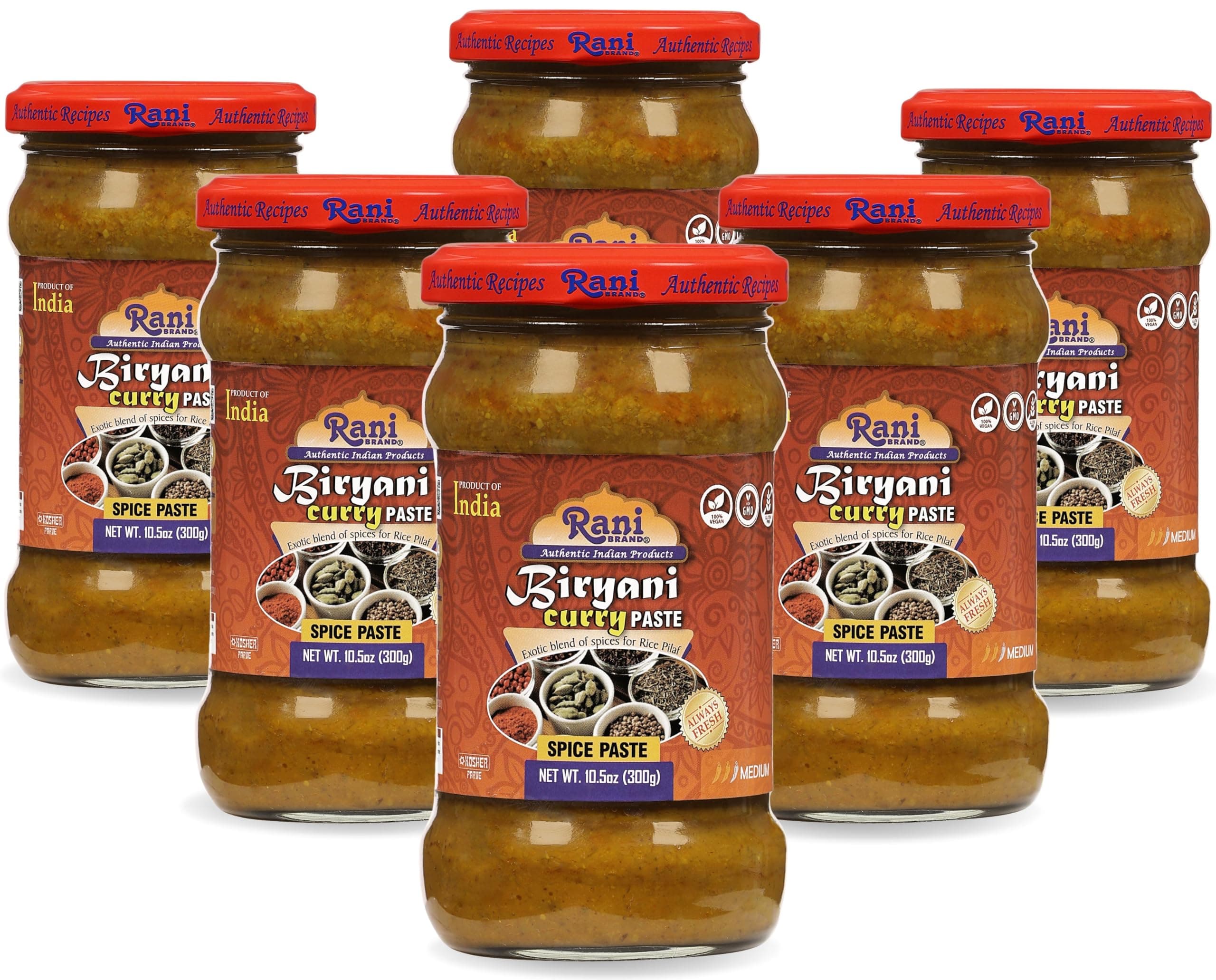 Rani Biryani Masala Curry Paste (Cooking Spice Paste for Indian Rice Dishes, Pullao/Pilau) 10.5oz (300g) Glass Jar, Pack of 5+1 FREE ~ All Natural | Vegan | No Colors | Gluten Free | NON-GMO
