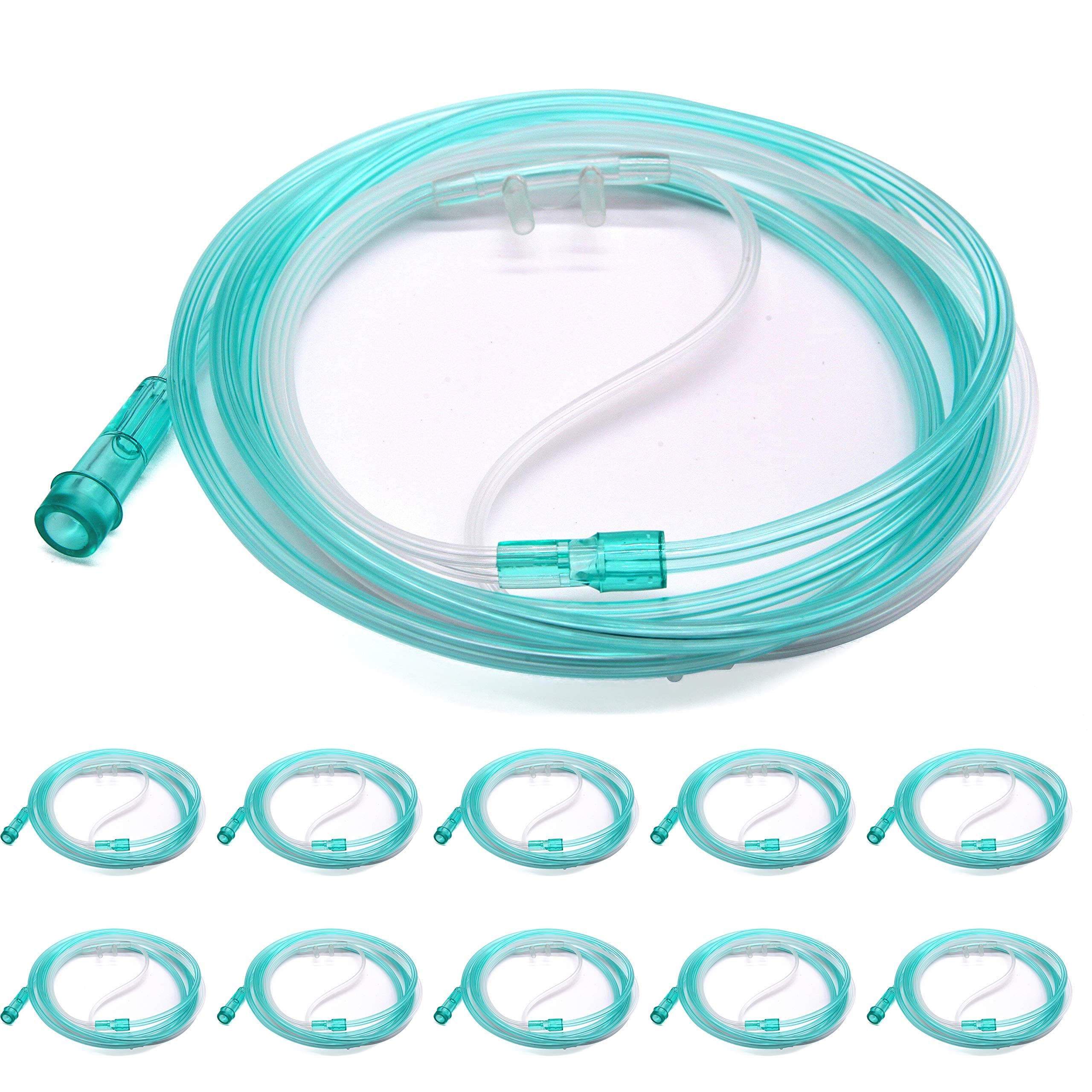 10 Pack High-Flow Soft Nasal Oxygen Cannula, Standard Connector 6.6 Feet, Green Tubing