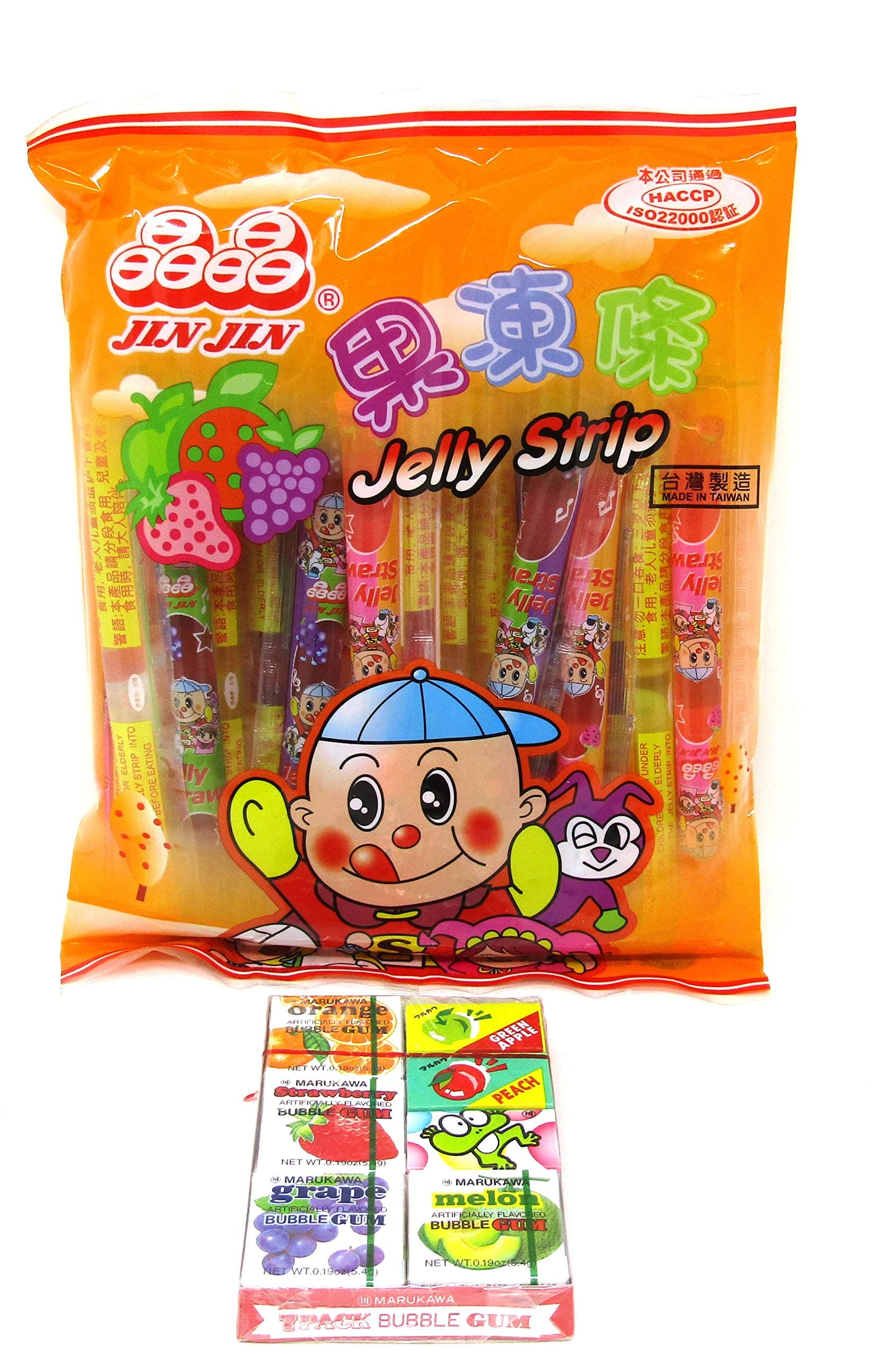 Jin Jin Fruit Jelly Filled Strip Straws Candy Bundle come with 7 Pack Bubble Gum- Many Flavors! (2 Pack)