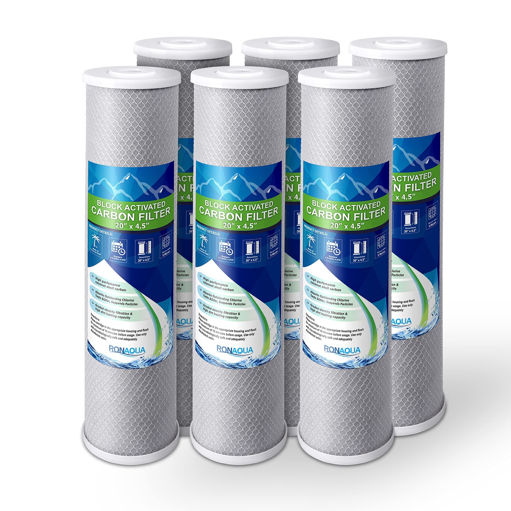 Ronaqua High Capacity Coconut Shell Carbon Block Water Filter 5 Micron Cartridge 4.5" x 20" for Universal Whole House System WELL-MATCHED with CB-45-2005, FC25B, FLTWH2045C02 and PRL-RCL (6 Pack)